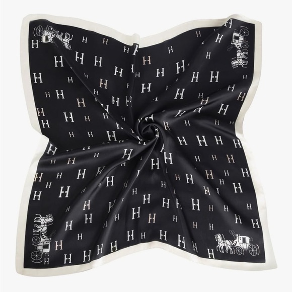 H initial Black White Silk handle Scarf H Pattern designer look carriage pony - Picture 1 of 4